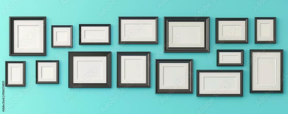 Poster a collection of empty picture frames arranged on a turquoise wall, showcasing various sizes and styl