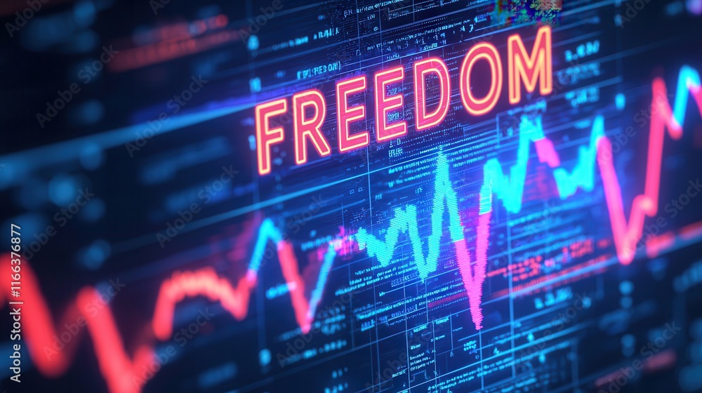 Leinwandbilder A vibrant digital representation emphasizing the concept of freedom, illustrated with dynamic graphs against a technological backdrop.