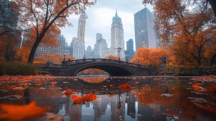 stunning gapstow bridge reflection capturing central park autumn colors and nyc skyline in vibrant fall foliage photography