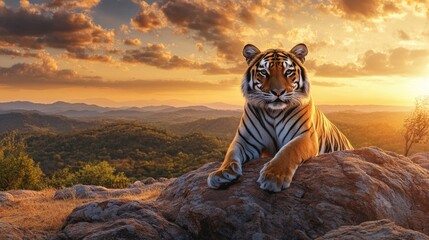 A solitary adult Bengal tiger (Panthera tigris) looking at the camera from the top of a rocky hill, with a beautiful sunset sky in the background.