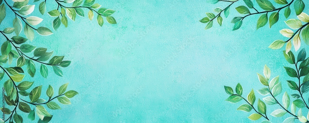 Poster a serene turquoise background framed with lush green leaves, creating a calming and refreshing visua