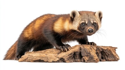 Fototapeta premium A stylized depiction of a marten standing on a log, showcasing its fur and features.