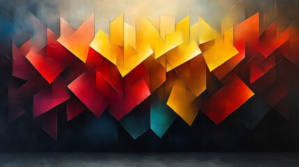 Abstract geometric art with red, yellow, and teal shapes.