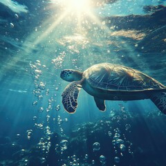 Obraz premium A serene underwater scene featuring a turtle swimming through sunlit water with bubbles.