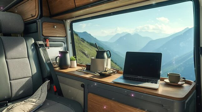 Laptop on a table inside a campervan, creating a cozy mobile workspace in nature  
Seamless looping 4k time-lapse virtual video animation Generated AI