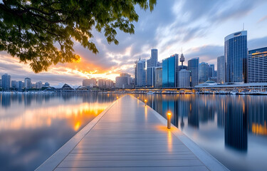 Obraz premium Man on the river with city skyline at sunset in Miami