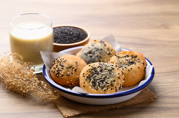 Asian deep fried dough filled with black sesame paste eaten with soy milk, Thai style