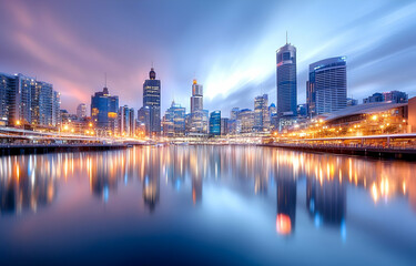 Fototapeta premium Man on the river with city skyline at sunset in Miami