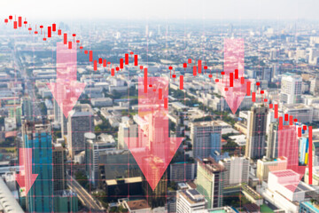 Economic downturn, property values ​​fall, mortgages increase, big city during the day, panoramic view of the city skyscrapers