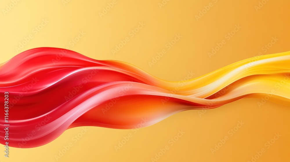 Poster abstract flowing waves in red and yellow on a gradient background.