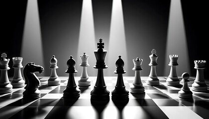 Chess pieces arranged on a board under spotlights