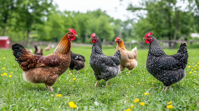 exploring the beauty of free-range chickens and diverse chicken breeds in a lush, green, rural pasture