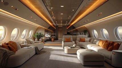 Luxurious private jet interior with elegant furnishings.