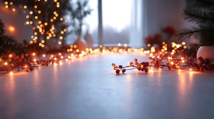 Festive Christmas Lights and Berries on a Table