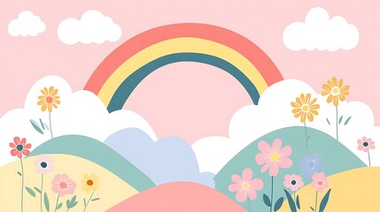 A Whimsical Scene of Colorful Flowers and a Rainbow on a Soft Pink Background