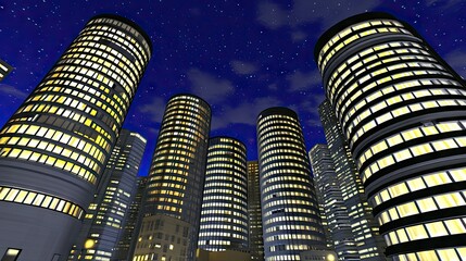 A nighttime cityscape featuring tall, illuminated cylindrical buildings against a starry sky.