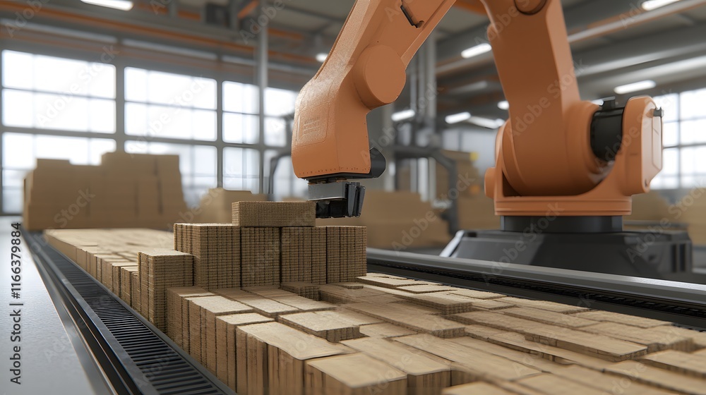 Poster a robotic arm meticulously arranges cardboard boxes on a conveyor belt in a modern warehouse. the au
