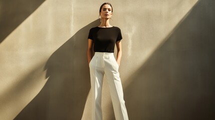 A woman showcases her poise and fashion sense dressed in a sleek black top and tailored white trousers Her serene expression and posture reflect sophistication in a simple elegant setting
