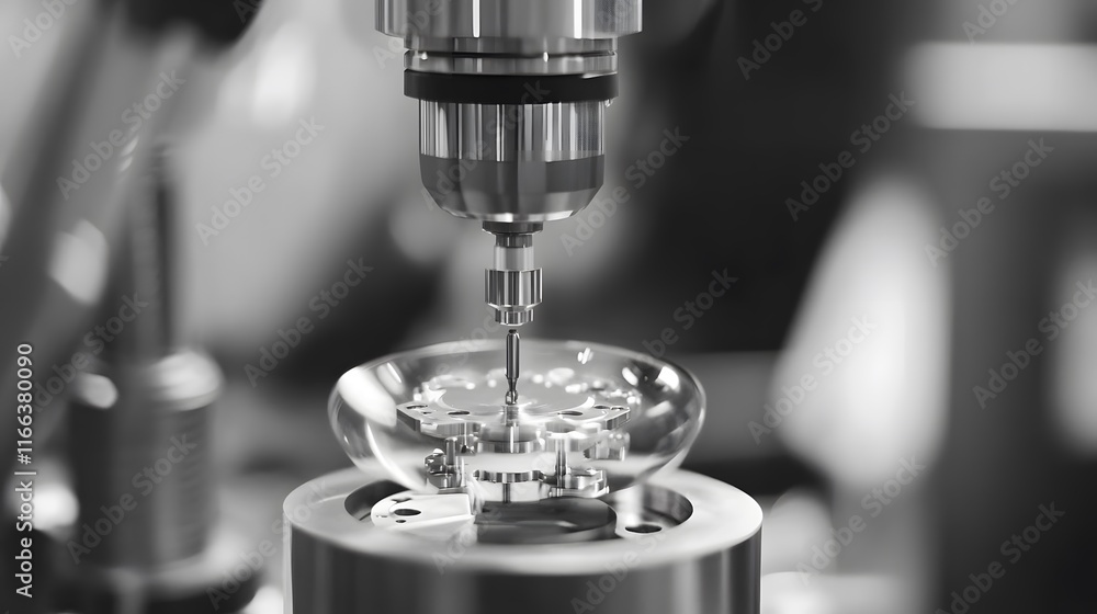 Poster close-up of a precision drilling machine meticulously working on a small, transparent component. the