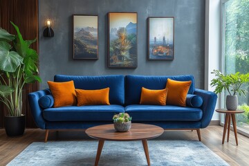 3-seater blue velvet sofa and armchair with wooden legs, retro-style design, metal leg detail on coffee table, contemporary living room decor.