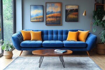 3-seater blue velvet sofa and armchair with wooden legs, retro-style design, metal leg detail on coffee table, contemporary living room decor.