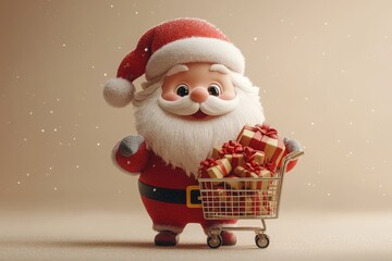 3D cartoon Santa Claus character with shopping cart full, beige background, minimalistic design, cute and adorable, high resolution.