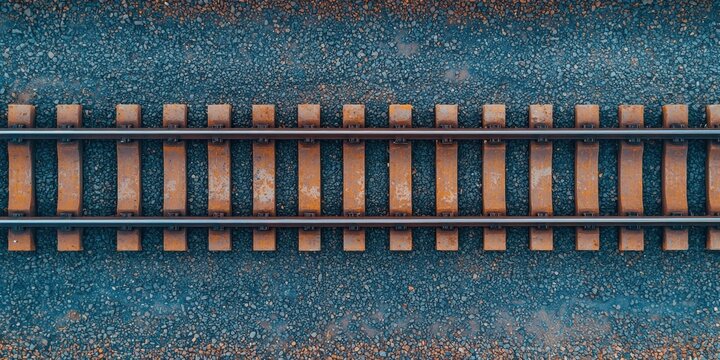 Aerial view of railway tracks showing parallel metal rails and wooden ties, set on a gravel bed, highlighting the structure and texture of the train line.