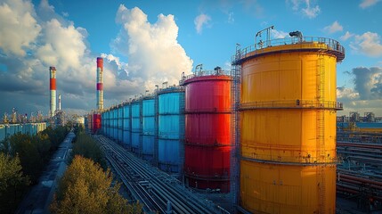 Obraz premium Colorful industrial tanks against a cloudy sky.