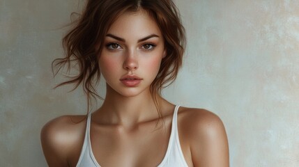 A woman with a white tank top and brown hair is posing for a picture