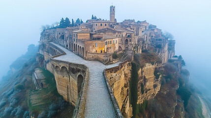 explore medieval cliffside charm in the foggy civita di bagnoregio italy: aerial views and stunning architecture in the enigmatic dying city hilltop town at sunrise