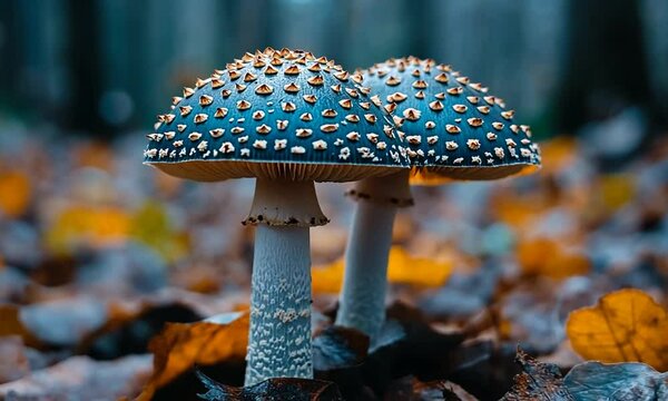 Two vibrant mushrooms with spiky caps amidst a forest floor of fallen leaves.