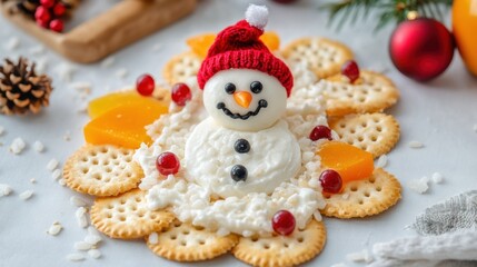 Adorable Snowman Christmas Snack: Festive Cheese, Crackers, and Fruit Delight