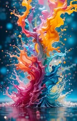Vibrant Abstract Color Splash Art Featuring Orange, Blue, and Magenta Fluid Shapes with a Bokeh Background