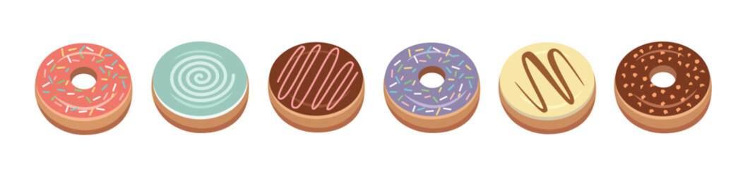 Donuts in different flavor. Colorful donuts. Set of soft donuts. Bakery. Dessert food.