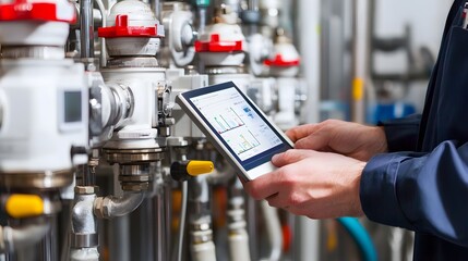 A technician uses a tablet to monitor industrial machinery and processes in a factory.  The display shows real-time data and graphs.  Close-up view of the tablet and equipment.
