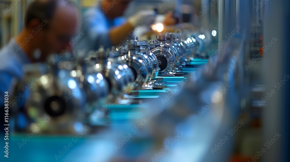 Poster a factory assembly line showcasing a row of gleaming metallic parts moving along a conveyor belt. bl