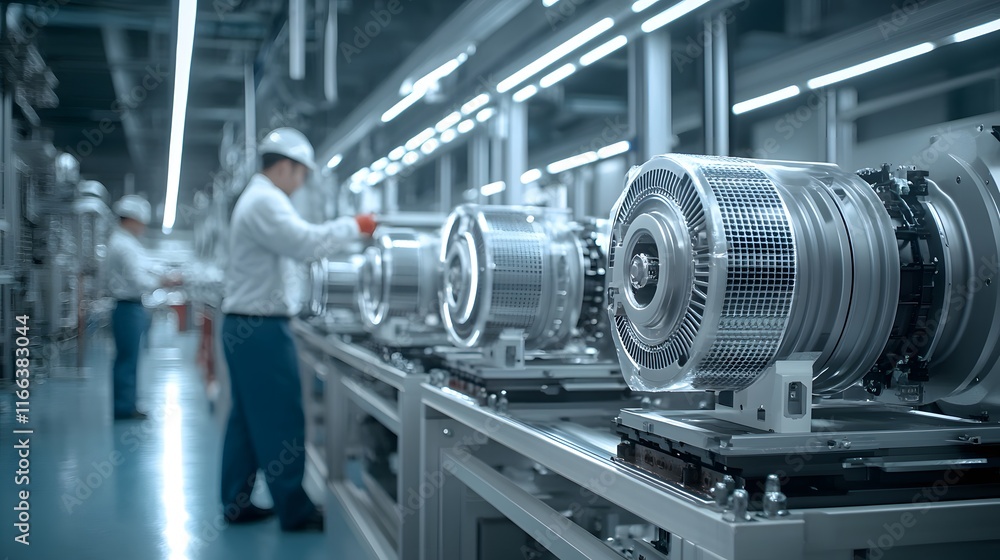 Poster assembly line in a modern factory, showcasing the production of large, sophisticated metallic compon