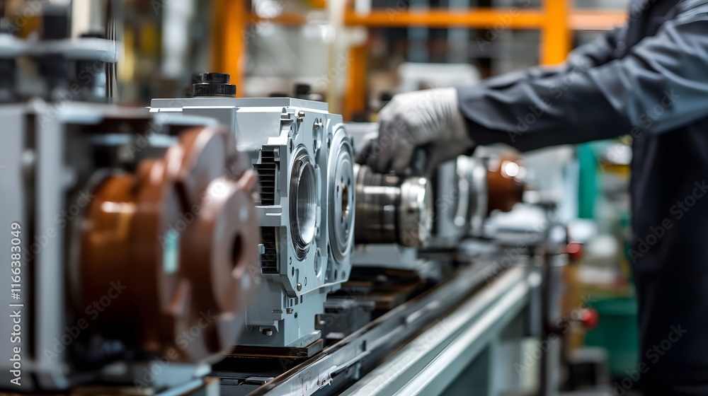 Poster close-up of a factory assembly line, showing precision-engineered parts being handled by a worker in