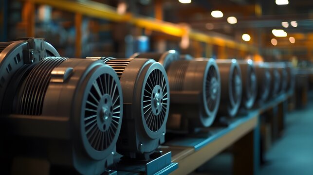 Close-up of several industrial vacuum pumps lined up in a factory setting. The depth of field emphasizes the precision engineering and manufacturing process. - Powered by Adobe