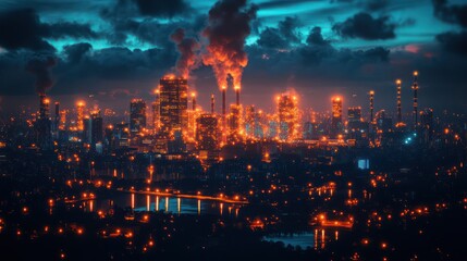 Obraz premium Nightfall over the Industrial Metropolis: A Glowing Cityscape Under a Smoky Sky