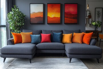 Dark gray fabric sofa with chaise, storage ottoman, and multi-colored throw pillows in a modern living room interior design.