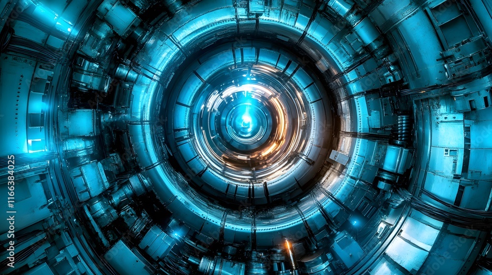 Poster abstract futuristic image depicting a complex, circular machine with glowing blue and orange accents