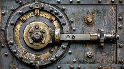Close-up of an antique, industrial-style metal door with intricate gears, bolts, and rivets. The aged metal shows signs of wear and rust, adding to its vintage charm.