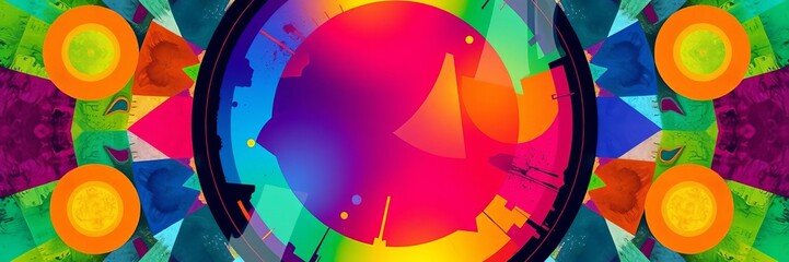 An artistic abstract background featuring a vibrant circle in the middle surrounded by colorful geometric shapes, background, illustration
