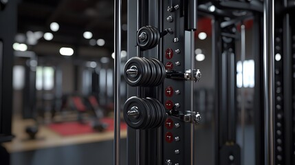 Close-up of a weight stack on a cable machine in a modern gym.  Black metal construction with sleek design. Blurred gym background.