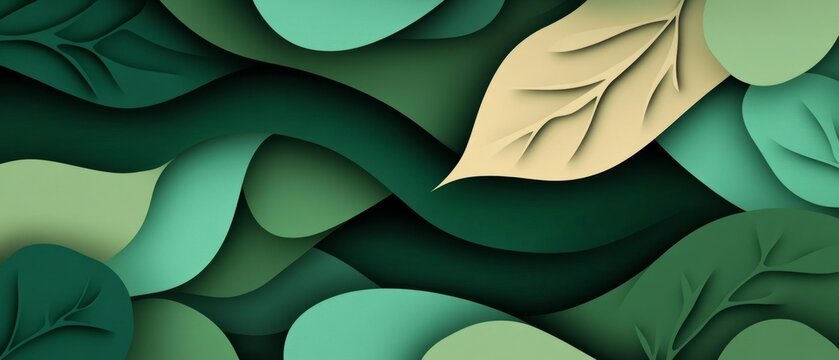 abstract background made from paper cut. Copy space over paper. Bright pastel green, dark green, brown shade tone , paper layer shape are leaf, high detial
