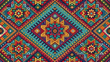 Vibrant Geometric Textile Design Featuring Intricate Mosaic Patterns and Bold Color Combinations