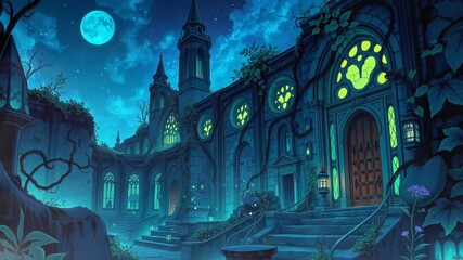 Enchanting night scene of an overgrown castle with a full moon, glowing windows, and plants. - Powered by Adobe