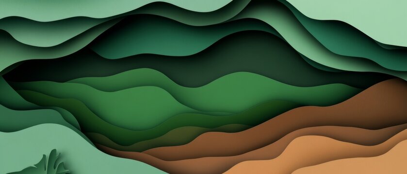 abstract background made from paper cut. Copy space over paper. Bright pastel green, dark green, brown shade tone , paper layer shape are leaf, high detial