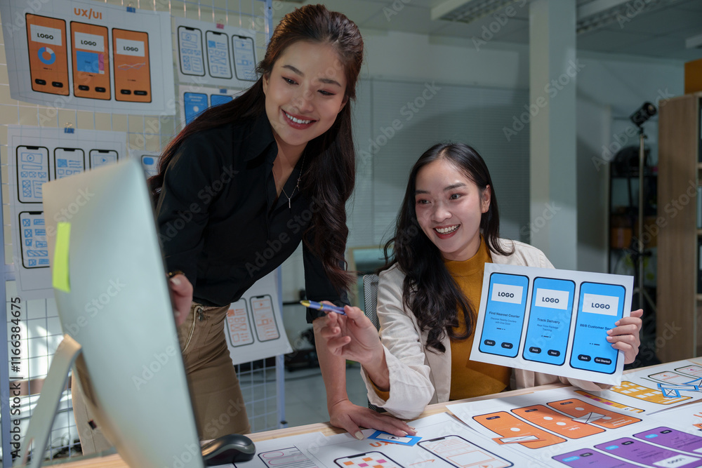 Poster two happy female web designers are collaborating on a new website's user interface and user experien